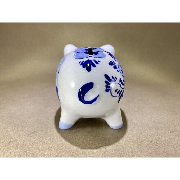 Vtg Hand Painted Delft Blue Small Piggy Coin Bank Holland Collectible w/ Stopper - Picture 4 of 10